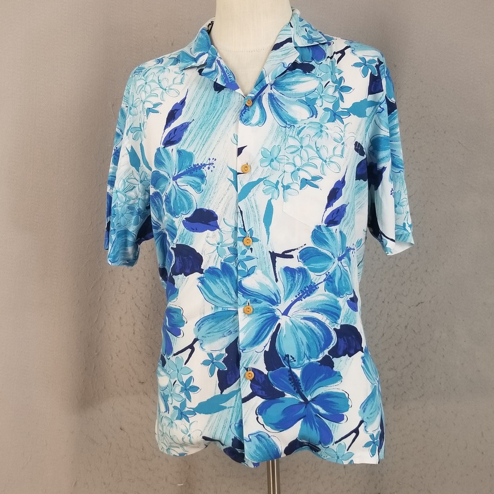 Paradise Found Shirt Mens M Blue Floral‎ Hibiscus Hawaiian Rayon Pocket